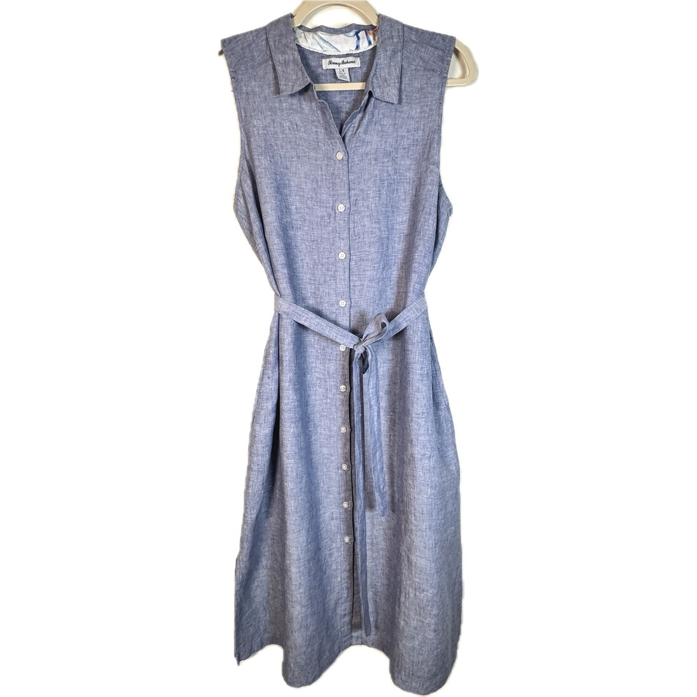 Tommy Bahama Linen Shirt Dress Women Large Blue Sleeveless Sash Midi Coastal